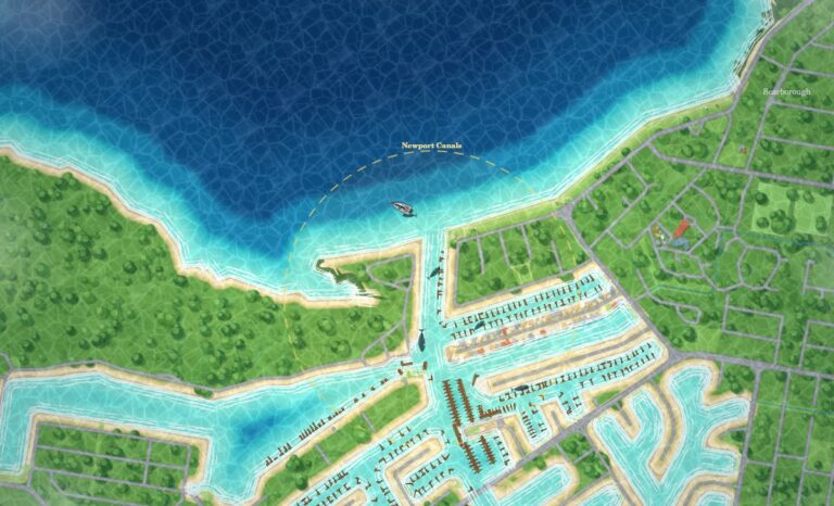 Screenshot of the Strike! Moreton Bay fishing game showing a boat at the Newport Canals fishing spot on a map of Moreton Bay, Queensland